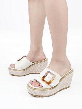 White Espadrille Wedge Slide with Tortoiseshell Buckle